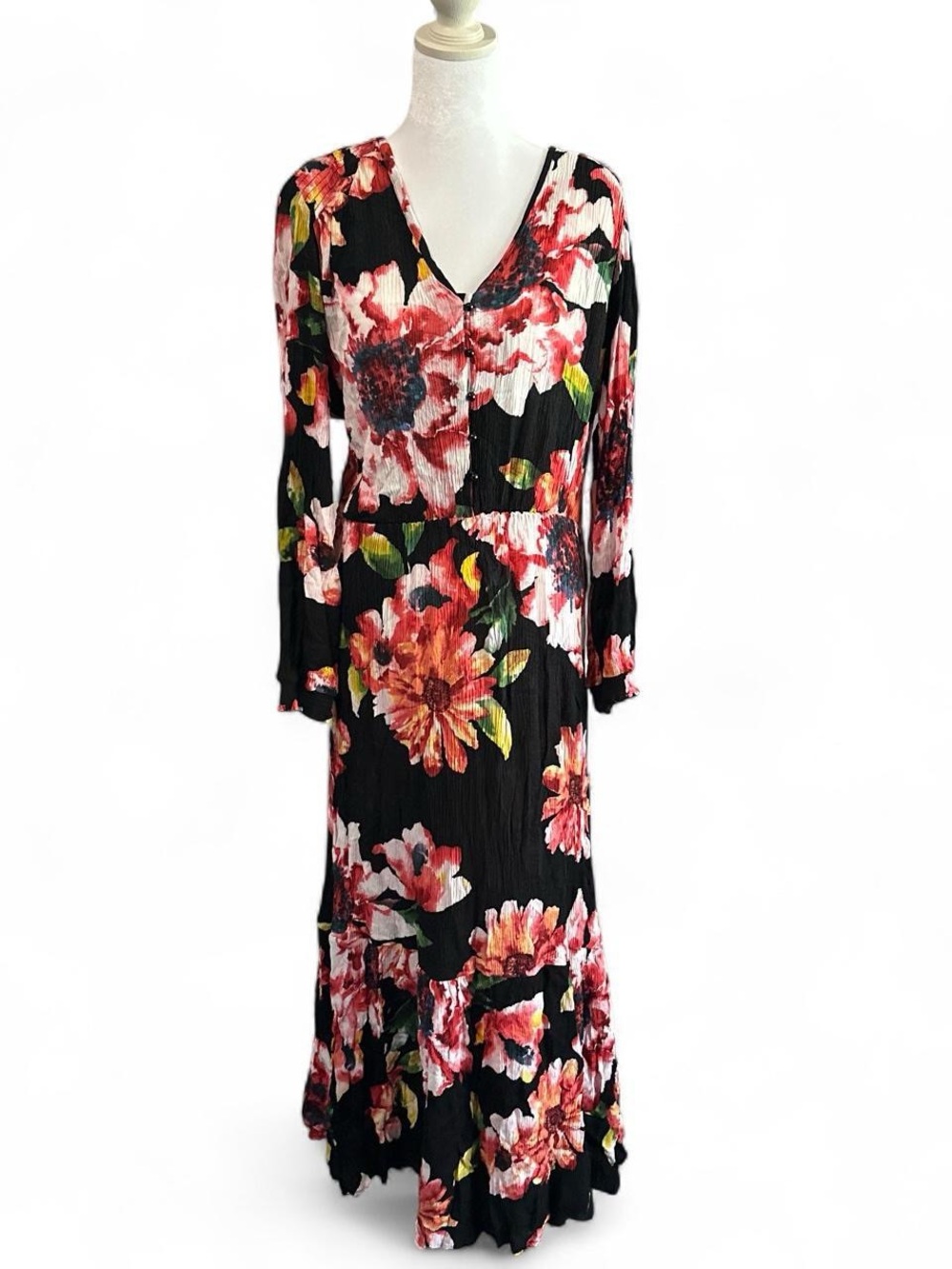 Black Floral V-Neck Long Sleeve Maxi Dress